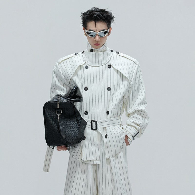 LUZHEN Fashion Stripe Printed Stand Neck Double Breasted Male Coat 2025 Autumn New Handsome Straight Casual Trousers Men JY4780