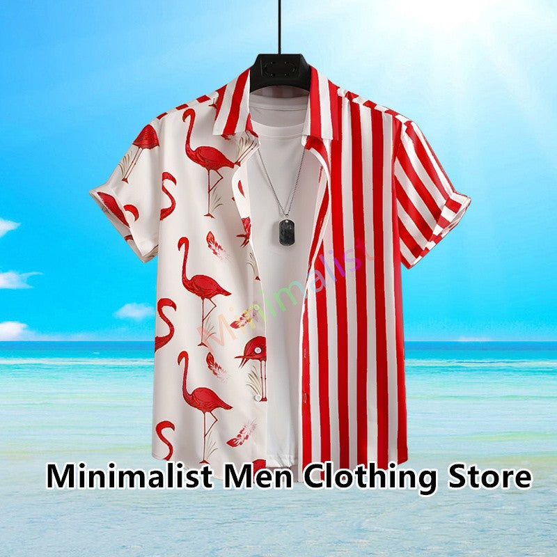 2023 Leaf and Flamingo Print Shirt For Men Hawaiian Shirt Casual Beach Short Sleeve Fashion Tops Male Blouse Summer Clothing