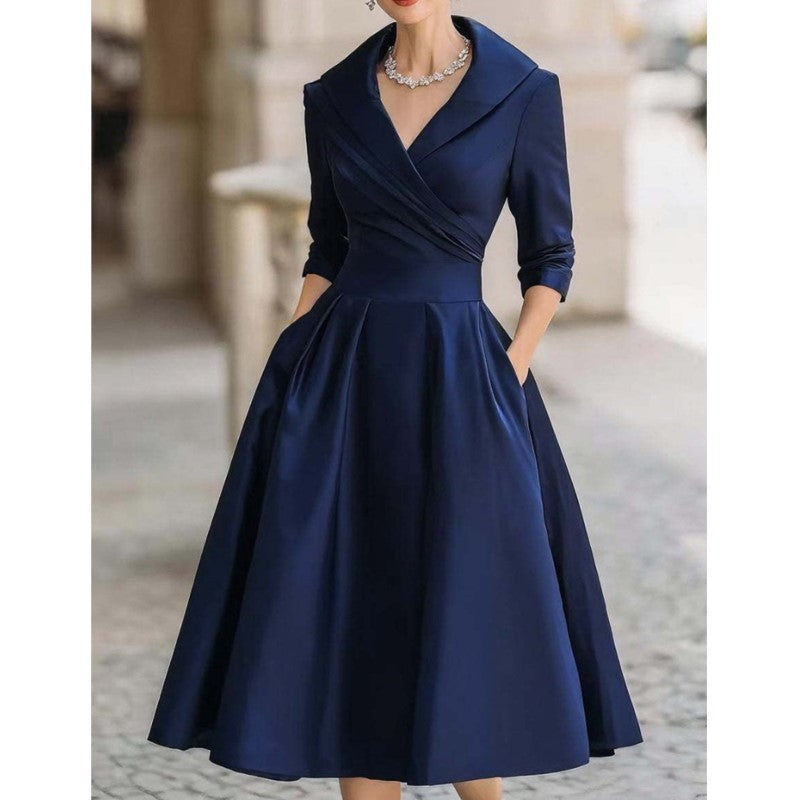 Elegant Wedding Guest Dress Women Turndown Collar Mid-Length Waisted A-Line Satin Evening Dress Cocktail Party Midi Dresses