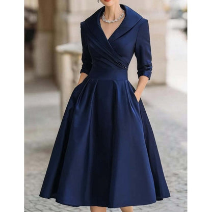 Elegant Wedding Guest Dress Women Turndown Collar Mid-Length Waisted A-Line Satin Evening Dress Cocktail Party Midi Dresses