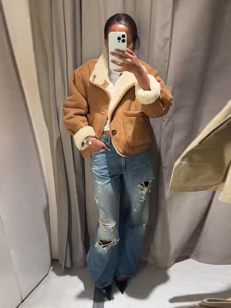 Suede Plush Both Sides Women's Coat Jacket Single Breasted Stand-Up Collar Pockets Female Jackets Autumn Loose Solid Coat Ladies