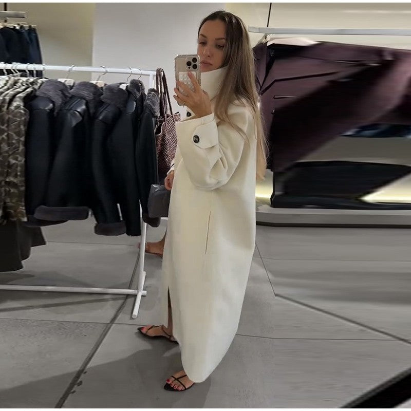 Elegant Stand Collar Long Coat Women Retro Chic Loose Single Breasted White Tweed Coats Lady 2025 Winter Casual Street Overcoats