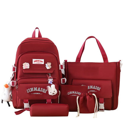 5-piece Set of Free Pendants Forest Style Korean Version Casual Harajuku Student Backpack for High School Girls Large Capacity