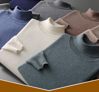100%Merino Wool Lapel Sweater Men's Turtleneck Loose Knit Pullovers Youth Business Casual Joker Tops Warm Solid Color Base Shirt