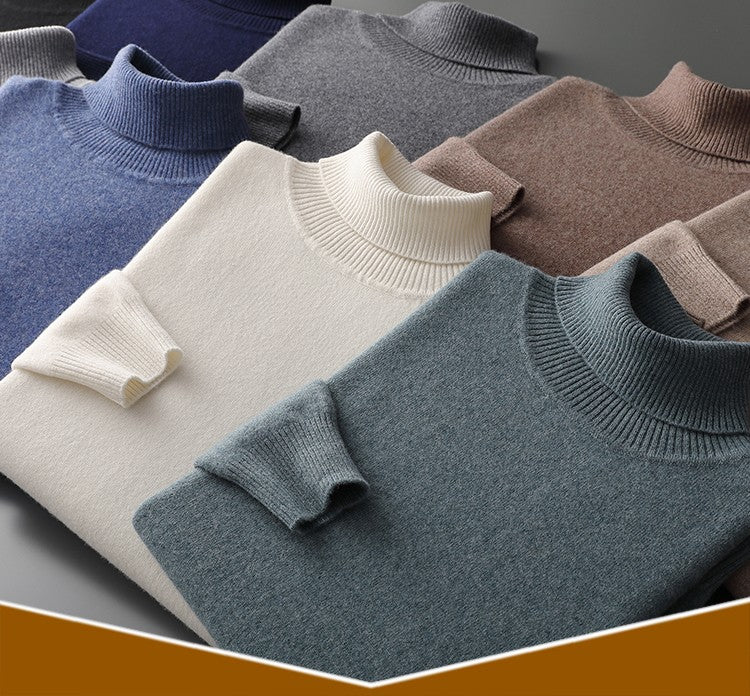 100%Merino Wool Lapel Sweater Men's Turtleneck Loose Knit Pullovers Youth Business Casual Joker Tops Warm Solid Color Base Shirt
