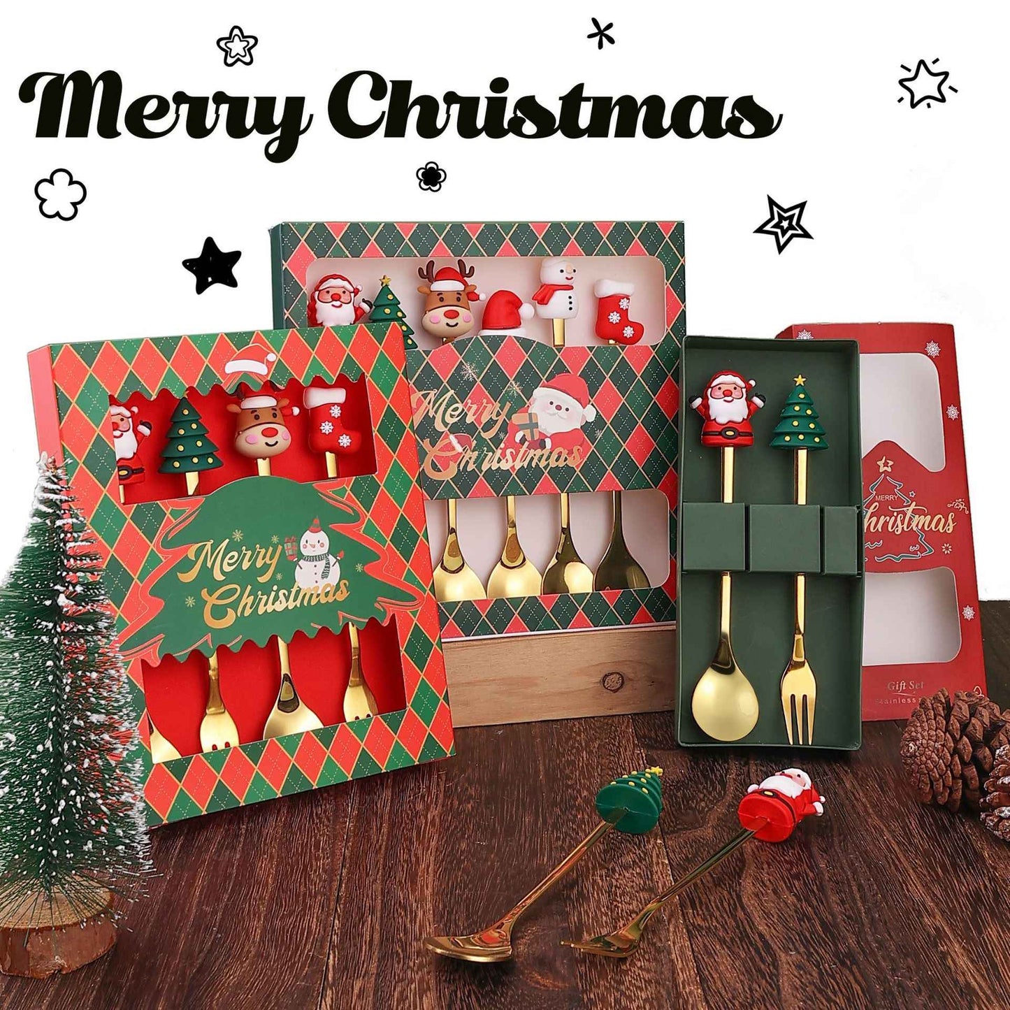Christmas Themed Cutlery Gift Set 2/4/6pcs Stainless Steel Forks Spoons for Dessert, Creative Holiday Tableware Coffee Tea Party