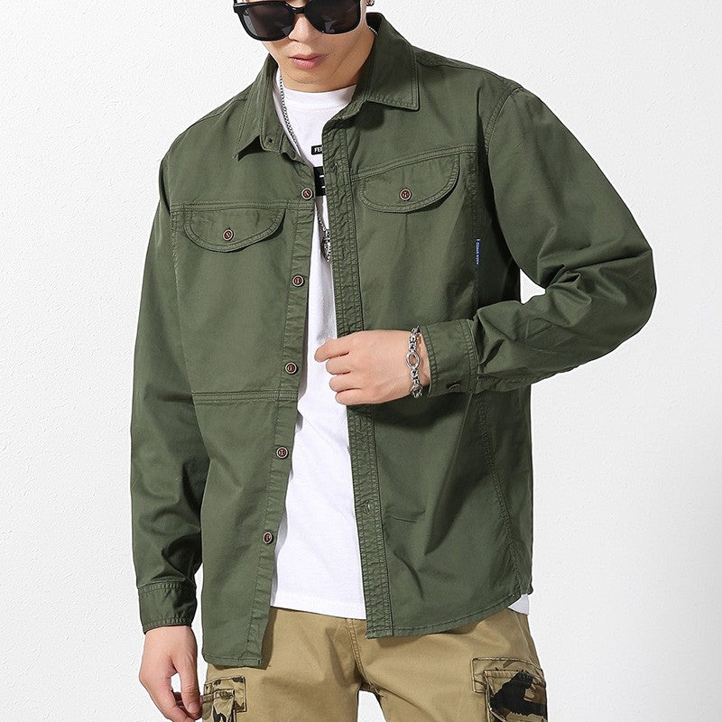 Men Slim Fit Turn-Down Collar Loose Cargo Shrit Spring Autumn Casual Wash Cotton Safari Style Jacket with Multiple Pockets Coat