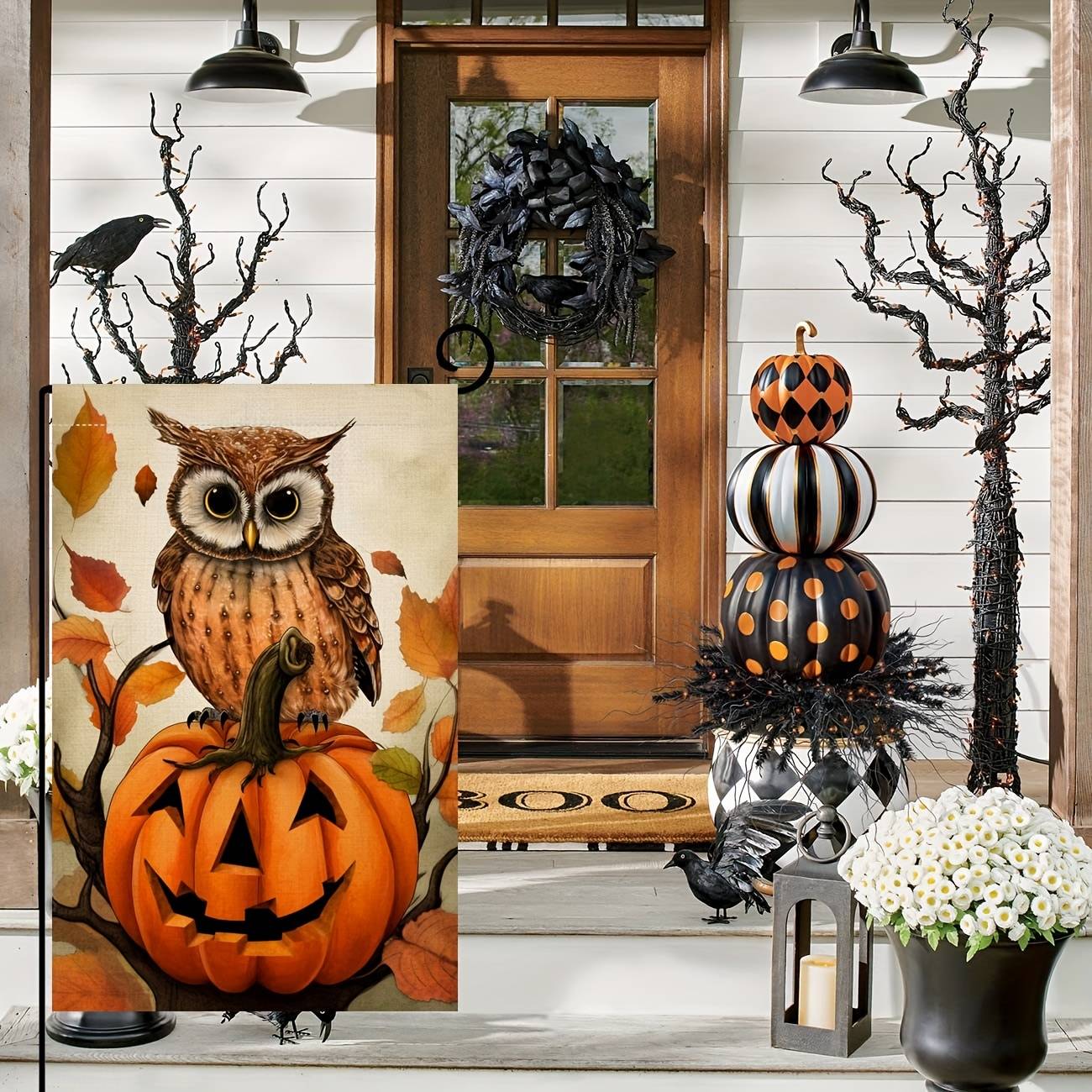1 Halloween Happy Ghost House Garden Pumpkin Owl Flag, Outdoor Courtyard Decoration 12 x 18 inches (excluding flagpole)