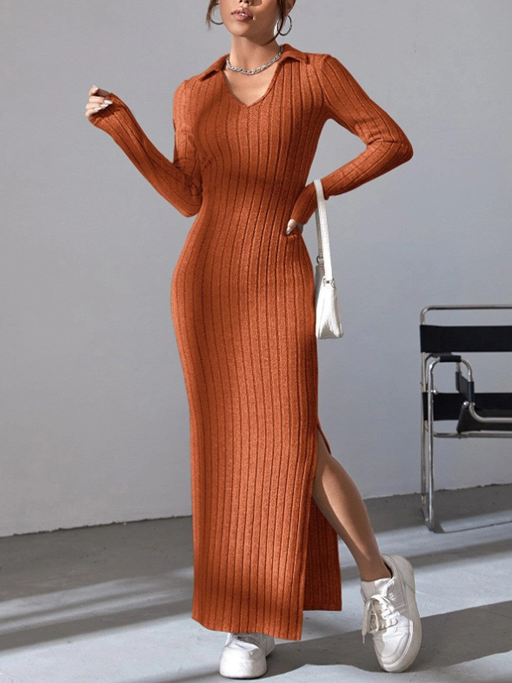Spring and summer 2024 new style knitted slim lapel long sleeve dress pit strip solid color tight skirt