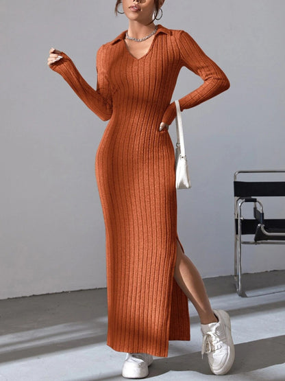 Spring and summer 2024 new style knitted slim lapel long sleeve dress pit strip solid color tight skirt