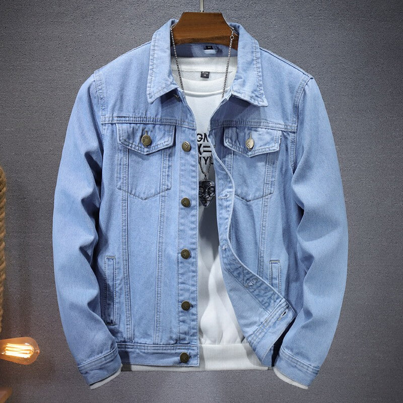 Men's casual denim jacket for spring and fall, metallic single-breasted denim jacket size M-5XL