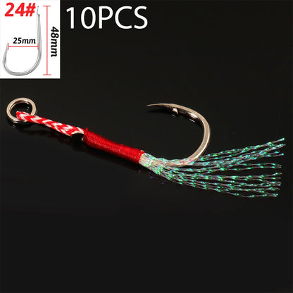 10 pçs/Lote Anzol Auxiliar Cast Jig Aço Carbono Ângulo Farpa Rosca Pena Isca Pesca Lento Jigging Mar Pesca Anzol