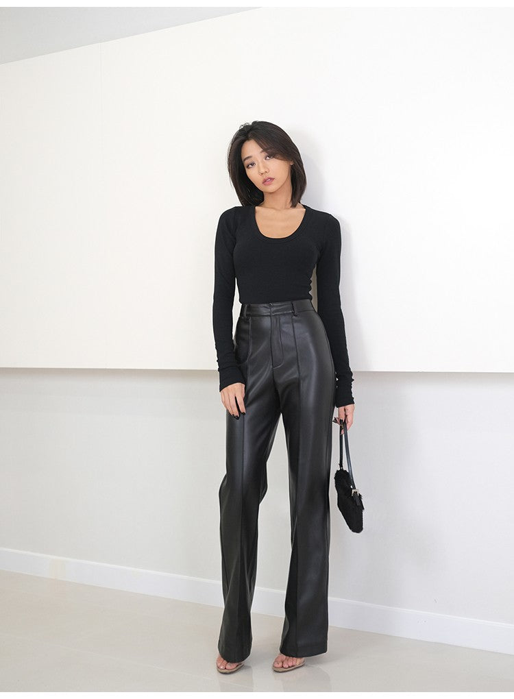 Lautaro Spring Autumn Long Black Soft Pu Leather Pants Women with Zipper High Waist Casual Elegant Straight Leg Trousers 2022