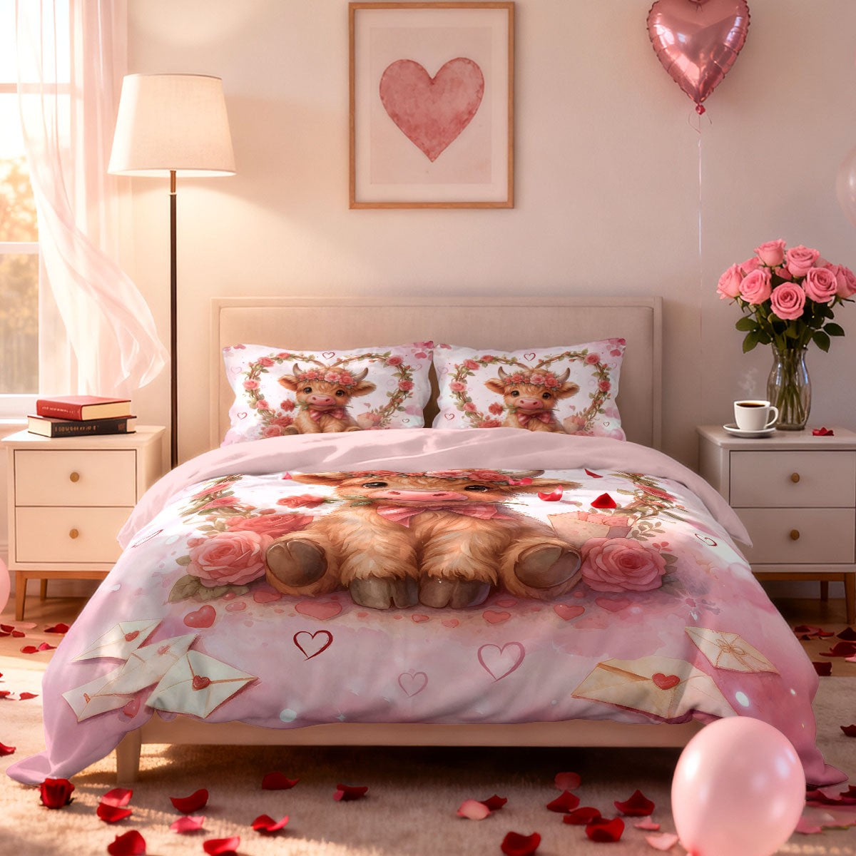 3pcs Pink Romantic Valentine's Day Highland Cow Print Coreless Bedding Set Multi Size Bedding Decoration Machine Washable