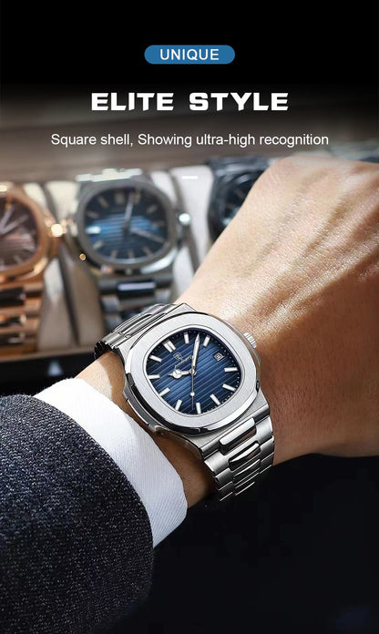 Relógio Masculino de Luxo POEDAGAR 50 ATM À Prova D'água Relógio Masculino Luminoso Data Aço Inoxidável Quadrado Quartzo Relógios Masculinos reloj hombre