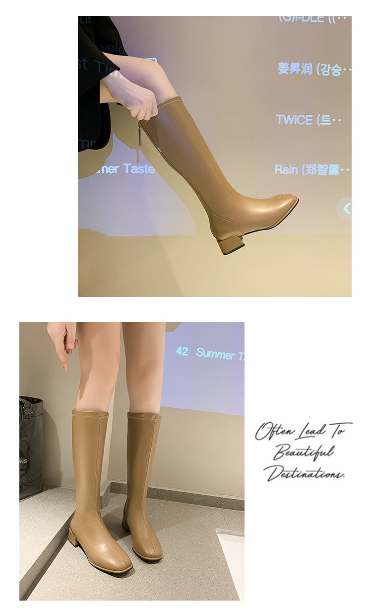 Women Black High Heel Long Boots Fashion Spring Autumn Warm Knee High Boots Soft Leather Thigh High Boots Shoes Zipper