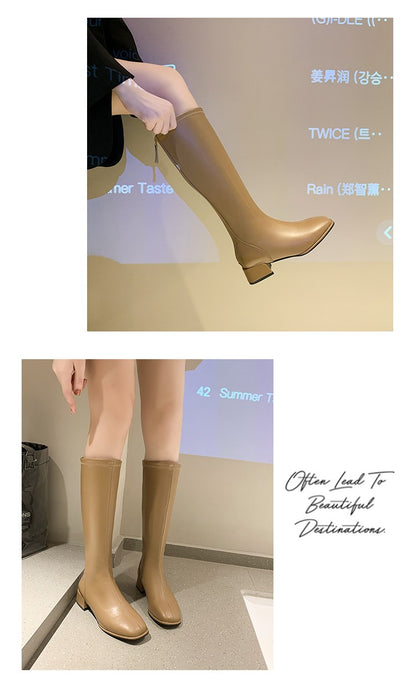 Women Black High Heel Long Boots Fashion Spring Autumn Warm Knee High Boots Soft Leather Thigh High Boots Shoes Zipper