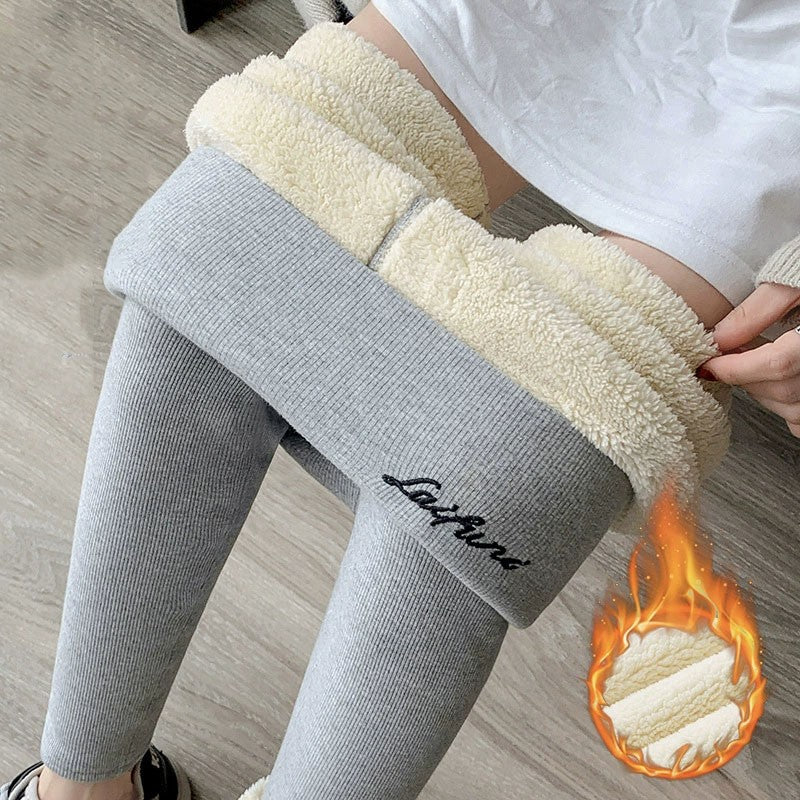 220g/350g Women High Waist Warm Thicken Tights Winter  Embroidery Solid Casual Fleece Pants Comfortable Versatile Points Pants