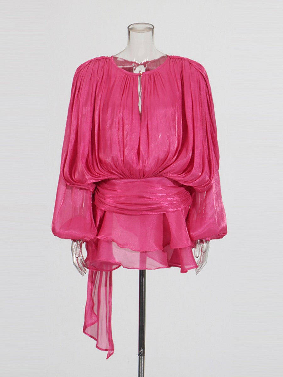 TWOTWINSTYLE Elegant Ruched Mini Dress For Women Round Neck Lantern Long Sleeve