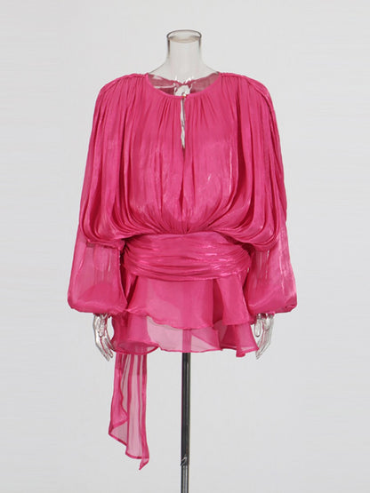 TWOTWINSTYLE Elegant Ruched Mini Dress For Women Round Neck Lantern Long Sleeve