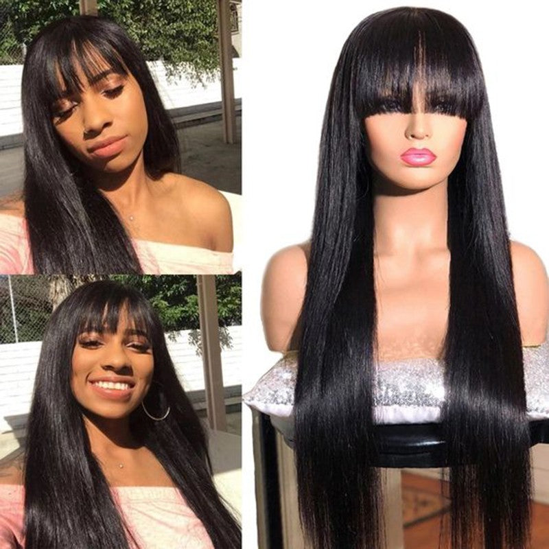 Peruca Full Lace Frontal 360 com Franja Lisa, Peruca Frontal de Renda Cabelo Humano Cru Com Franja, Perucas Brasileiras Sem Cola em Promoção/Liquidação