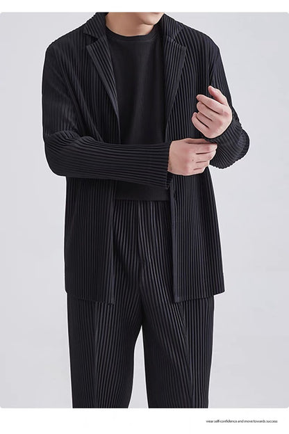 Miyake New 2025 Spring Suit Long Sleeve Pleated Pleated Men's Jacket Lapel Pleated Solid Color Fashion Loose Plisse Casual Top