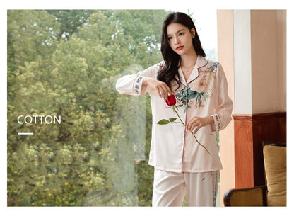 Lightweight Long-Sleeve Silk Pajamas Set for Young Girls French-Style Casual Homewear Nightwear Women's Comfortable Sleepwear