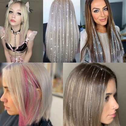 Kit de Cabelo Lamê com Ferramentas, Lamê Fio de Fada, Resistente ao Calor, Cintilante, Brilhante, Extensões de Cabelo Lamê, Kit de Mechas Coloridas de Cabelo Lamê
