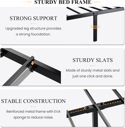 Estrutura de Cama Queen Size de Metal com Cabeceira Estofada em Couro, Design Geométrico Linear, Suporte Robusto de Estrados de Metal