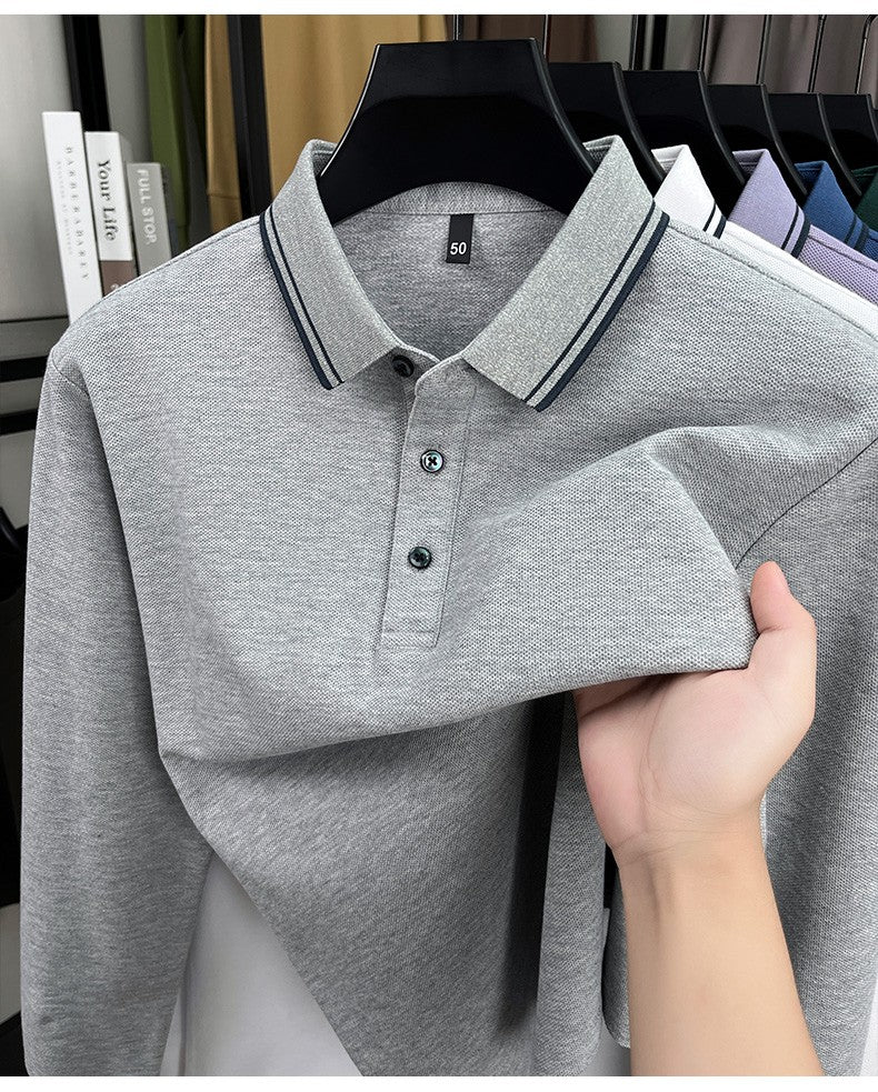 100% pure cotton high-quality long sleeve polo shirt men's autumn new style comfort casual luxury double striped lapel T-shirt