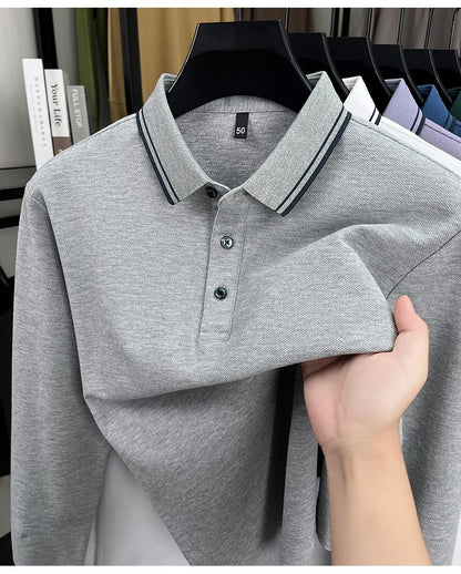 100% pure cotton high-quality long sleeve polo shirt men's autumn new style comfort casual luxury double striped lapel T-shirt