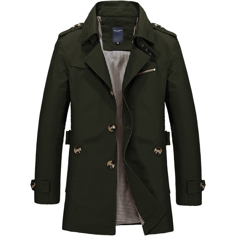 Men's Spring and Autumn New Fashion Casual Cotton Trench Coat, Solid Color Lapel Single-breasted Mid-long Splicing Trench Coat