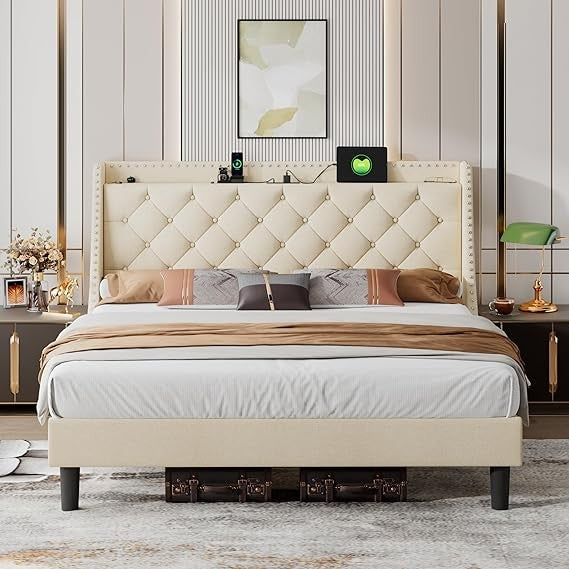 iPormis Velvet King Bed Frame with 16" Comfort Wingback & USB & Charging Station, Upholstered Platform Bed with Button Tufted St