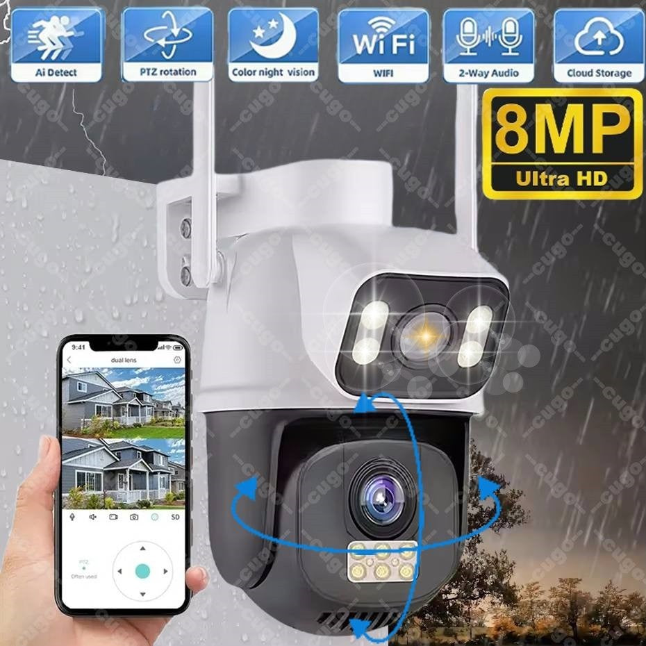 8MP 4K WiFi Camera Dual Lens Dual Screen Wireless Outdoor Surveillance Human Detect Security Protection Two Way Audio PTZ IP Cam