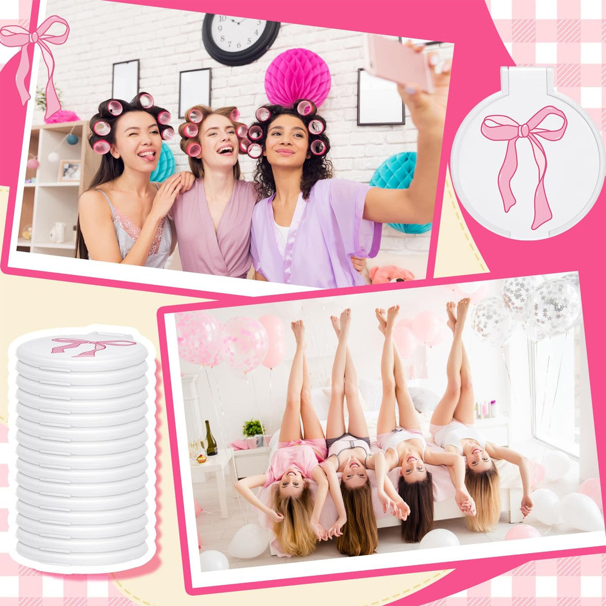 5 Set Pink Bow Mini Pocket Mirror - Vanity Accessories for Women, Birthday Party Favors, Wedding Anniversary Bridal Shower Gifts