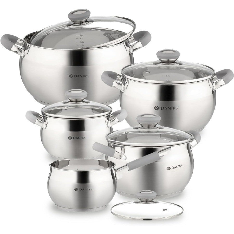 Modern 10-Piece Stainless Steel Induction Cookware Set – Dishwasher Safe Saucepan, Pots with Heatproof Handles, Glass Lids, Silv