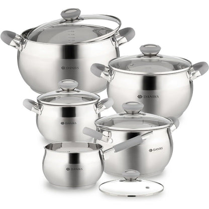 Modern 10-Piece Stainless Steel Induction Cookware Set – Dishwasher Safe Saucepan, Pots with Heatproof Handles, Glass Lids, Silv