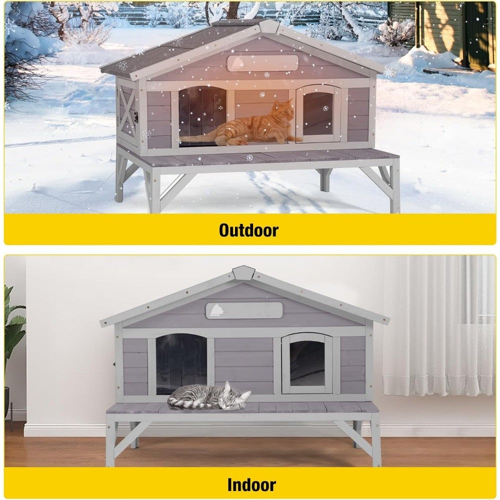 Abrigo de Madeira à Prova de Intempéries para Gatos, Grande Casinha Externa para Animais Selvagens e de Rua para Proteção no Inverno