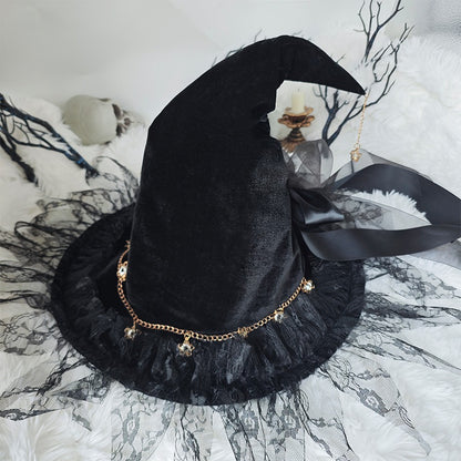 Handmade Lace Witch Pointed Hats Bandage Bow Wizard Hat Adult Gothic Lolita Cosplay Costume Accessories Halloween Party Hat