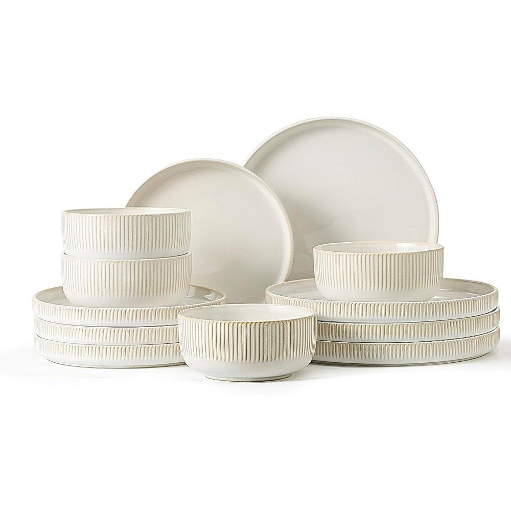 conjuntos de louça de grés para 4, conjunto de pratos e tigelas de cozinha de 12 peças, conjuntos de louça de porcelana com esmalte reativo resistente a arranhões
