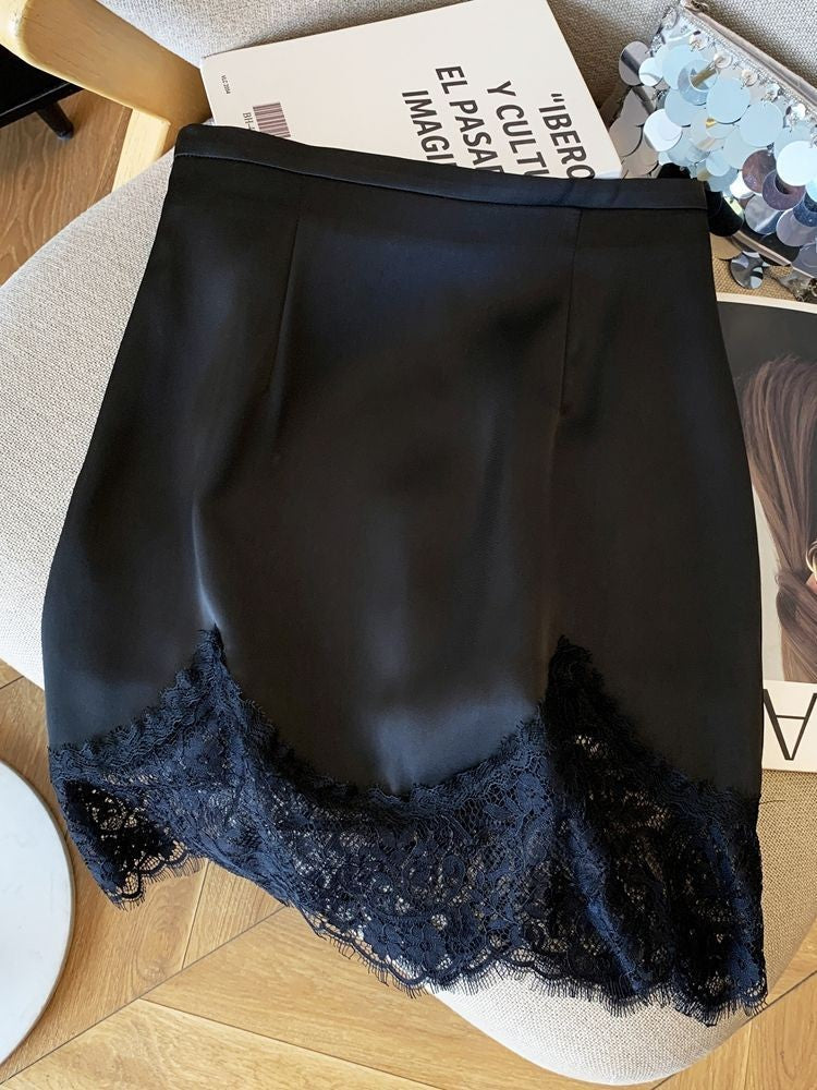 Ladies Fashion Lace Patchwork Satin A-line Skirt Summer High Waist Solid Color Temperament Skirt Women Clothes Simplicity Skirt