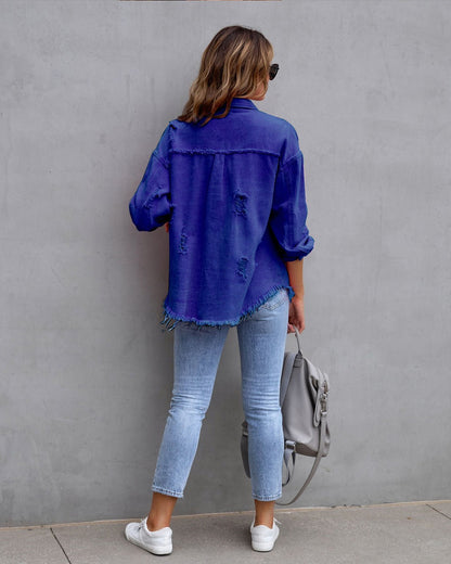 Autumn Winter Women's New Denim Jacket Fashion Grinding Edge Broken Hole Hollow Long Sleeve Single Breasted Casual Collar Top