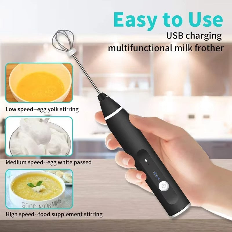 Máquina de café elétrica, espumador de leite portátil, batedor de ovos, batedeira de creme para bolo e geleia recarregável de 3 velocidades, liquidificador de cozinha