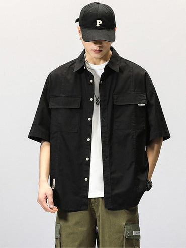 Summer Japanese Cargo Short Sleeve Shirt Men's Pockets Button Turn-down Collar Shirts Fashion Casual Cardigan blouses Tops