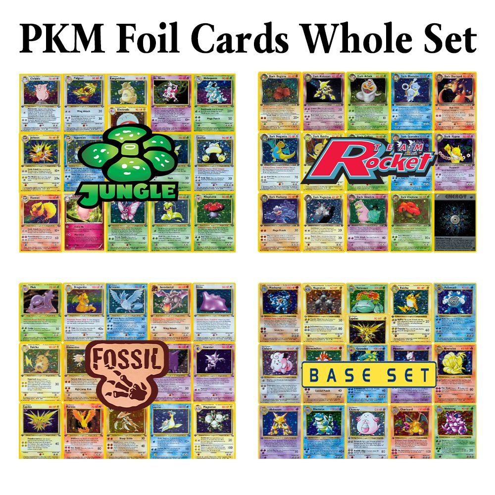 PKM Cartas de Jogo Proxy Foil Conjunto Completo Team Rocket (RO) Jungle (JU) Base Set (BS) Fossil (FO) TCG Colecionável Brinquedo e Presente Pokemon