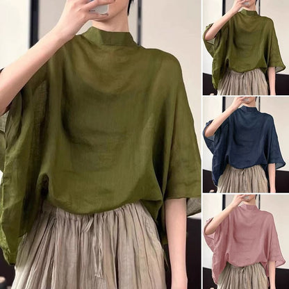 ZANZEA Women Bat Half Sleeve Blouse Summer Asymmetrical Tops 2024 Thin Stand Collar Tunic Casual Loose Transparent Tops Oversize