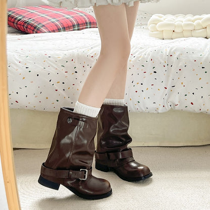 Vintage Thick Heel Women Western Cowboy Boots Fashion Belt Buckle Slip On Shoes Ladies Pleated Short Booties Autumn Winter