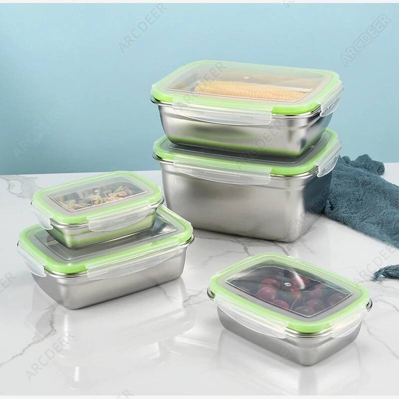 Organizadores de Alimentos de Cozinha em Aço Inoxidável com Tampas, Caixa de Armazenamento Refrigerada, Lancheiras Herméticas Anti-Vazamento