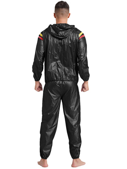 Mens Pullover Style PVC Sweating Suit for Boxing Gym Workout Fitness Sauna Sweat Outfit Hooded Jacket Outerwear And Long Pants