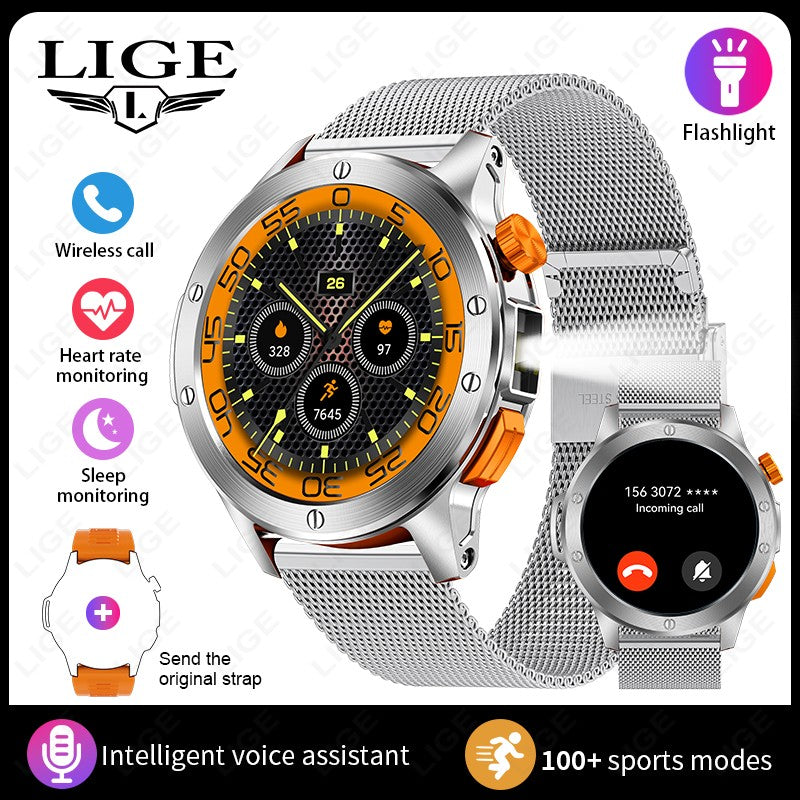 LIGE Fashion Smart Watch Men Voice Assistant Bluetooth Call Heart Rate Monitoring IP68 Waterproof LED Flashlight Men SmartWatch